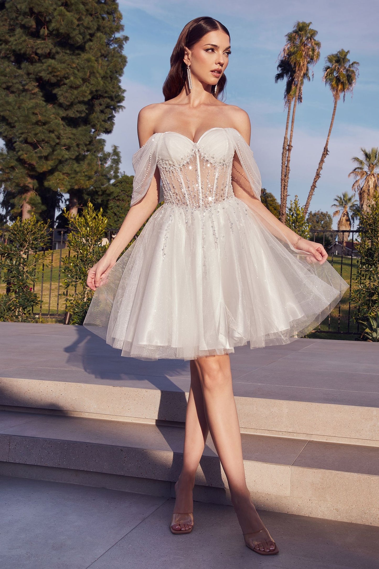 Draped off-the-shoulder A-line short dress