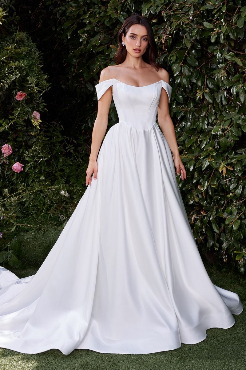 OFF THE SHOULDER SOFT SATIN BRIDAL BALL GOWN