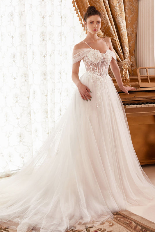 LAYERED TULLE A-LINE BRIDAL GOWN WITH CORSET BODICE
